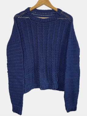 Handmade Wool Crochet Sweater NWOT Heavy Chunky Pullover Blue L Coastal Rustic